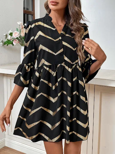 Title 2, Vestido feminino casual estampado com decote em V