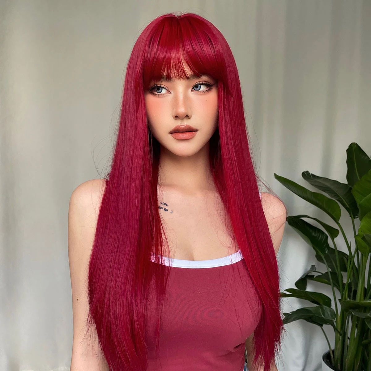 Red long straight wig head cover with European and American style, for a stylish look. Great for cosplay, parties, or ev — photo 5