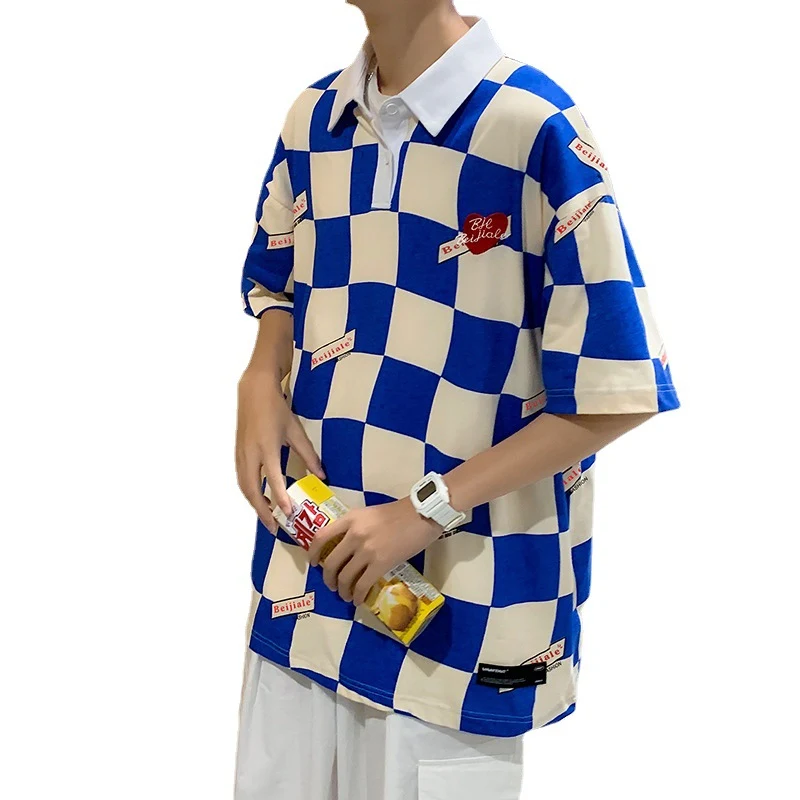 American Retro Square Plaid Color Matching POLO Collar Short Sleeve T-shirt, a Classic Vintage Style, Perfect for a Casu — photo 2