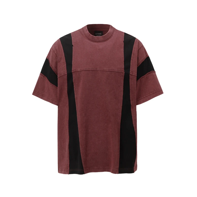 Retro Washed Distressed Short Sleeve Men's Stitching Contrast Color T-Shirt Casual Vintage Style Comfortable and Stylish — photo 3