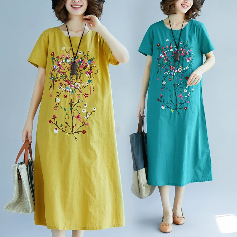 Title 5, Ethnic Style Embroidered Cotton Linen Medium Le...