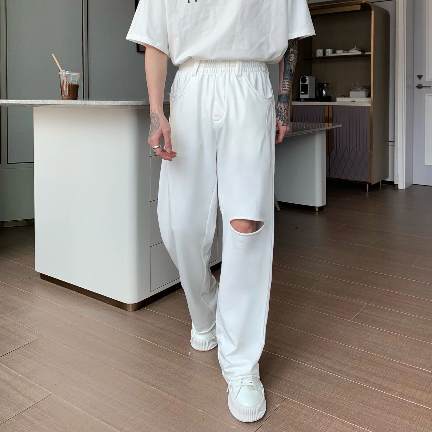 Title 4, Mens Simple Wide Leg Straight Loose Casual Swe...