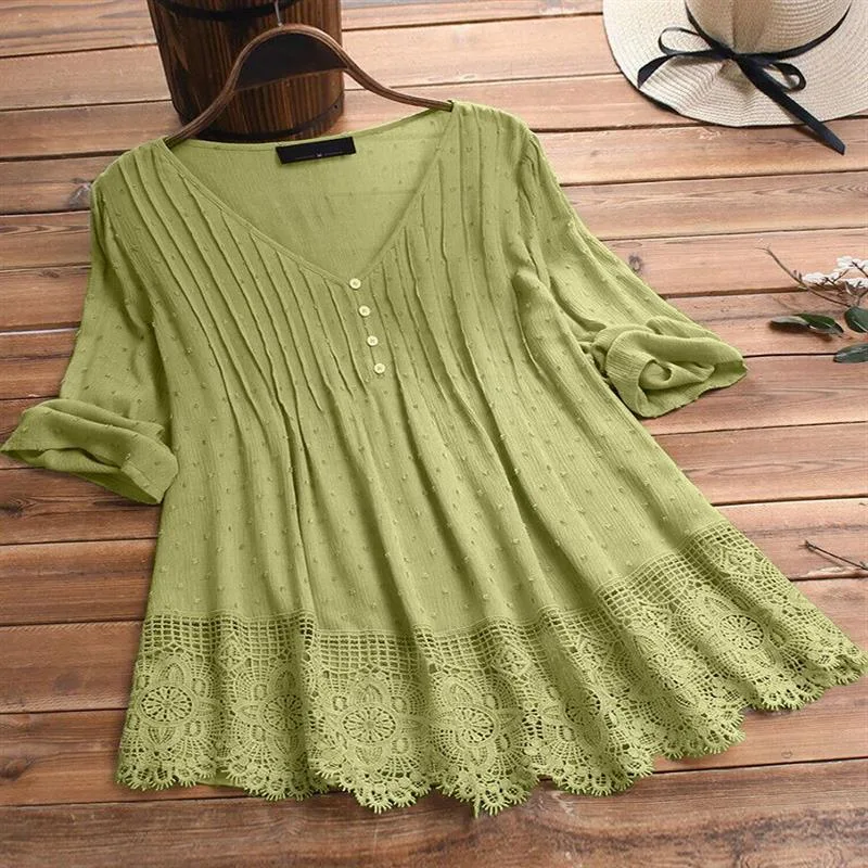 Dames Jacquard geplooide kant V-hals shirt. Een elegante en comfortabele blouse met een chique uitstraling, ideaal voor een verfijnde look. — foto 18