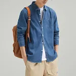 Camisa jeans masculina de manga longa, cor sólida, lapelas finas, casual e leve. Perfeita para um visual moderno e confortável. — foto 10