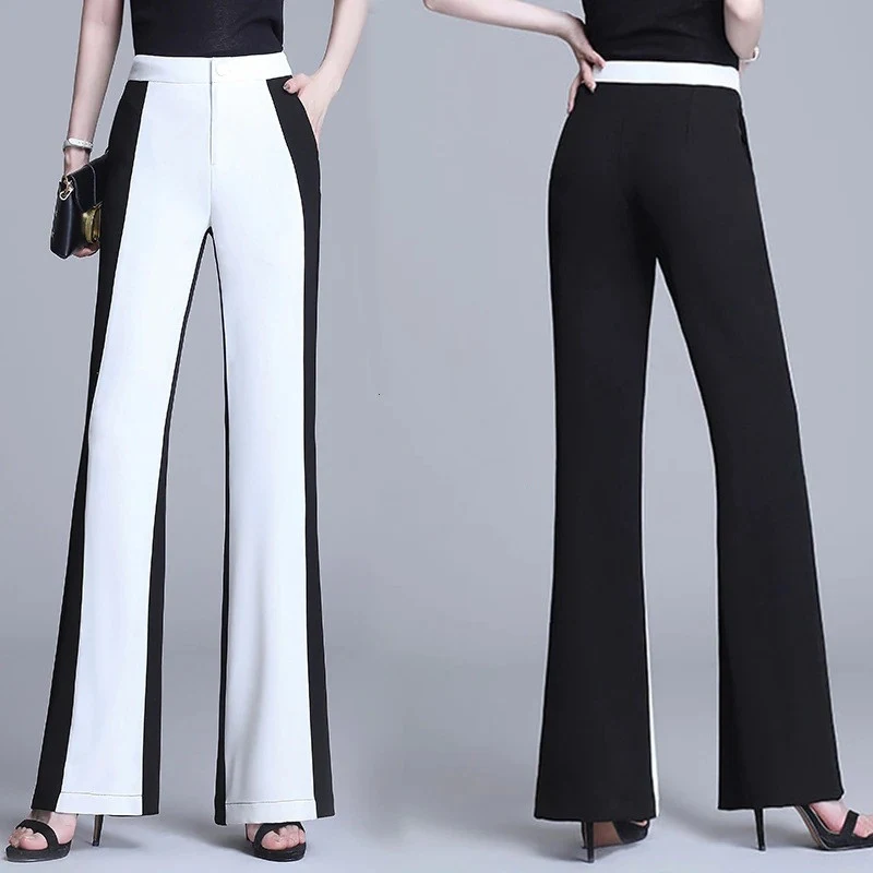 Calças femininas casuais de chiffon cintura alta, costura em preto e branco, perna reta, perfeitas para um look elegante e confortável — foto 3
