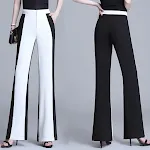 Calças femininas casuais de chiffon cintura alta, costura em preto e branco, perna reta, perfeitas para um look elegante e confortável — foto 3