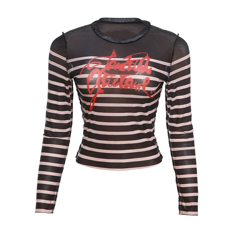Mesh Digital Printing Contrast Color Round Neck Slim-fit Street Shot Top — photo 9