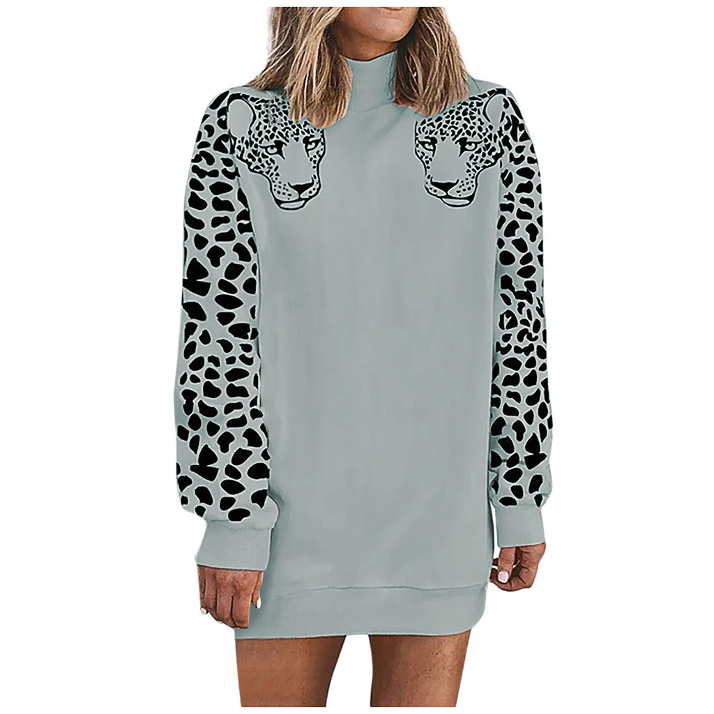 Suéter feminino casual de manga comprida com gola alta e leopardo — foto 2
