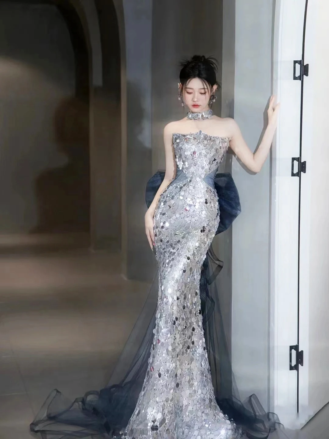 Title 5, Silver Paillette Tube Top Evening Dress, Goddes...