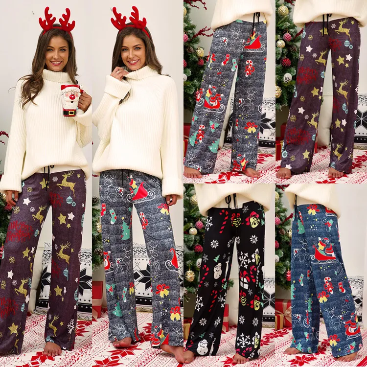 Christmas printed stitching tied casual wide-leg pants, comfortable and stylish for holiday gatherings and festive event — photo 5