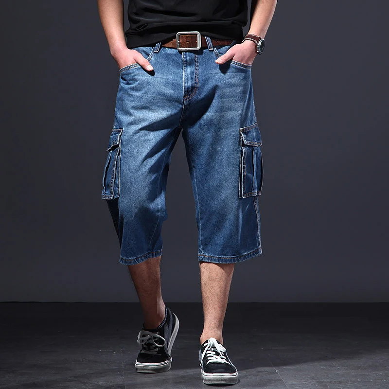 Zomerse, dunne, losse jeans cropped broek met meerdere zakken, workwear stijl. Casual broek voor comfort en dagelijks gebruik. — foto 5