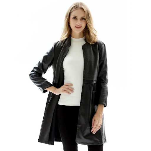 Title 1, Large Black Long Collar Slim Leather Coat For Lady