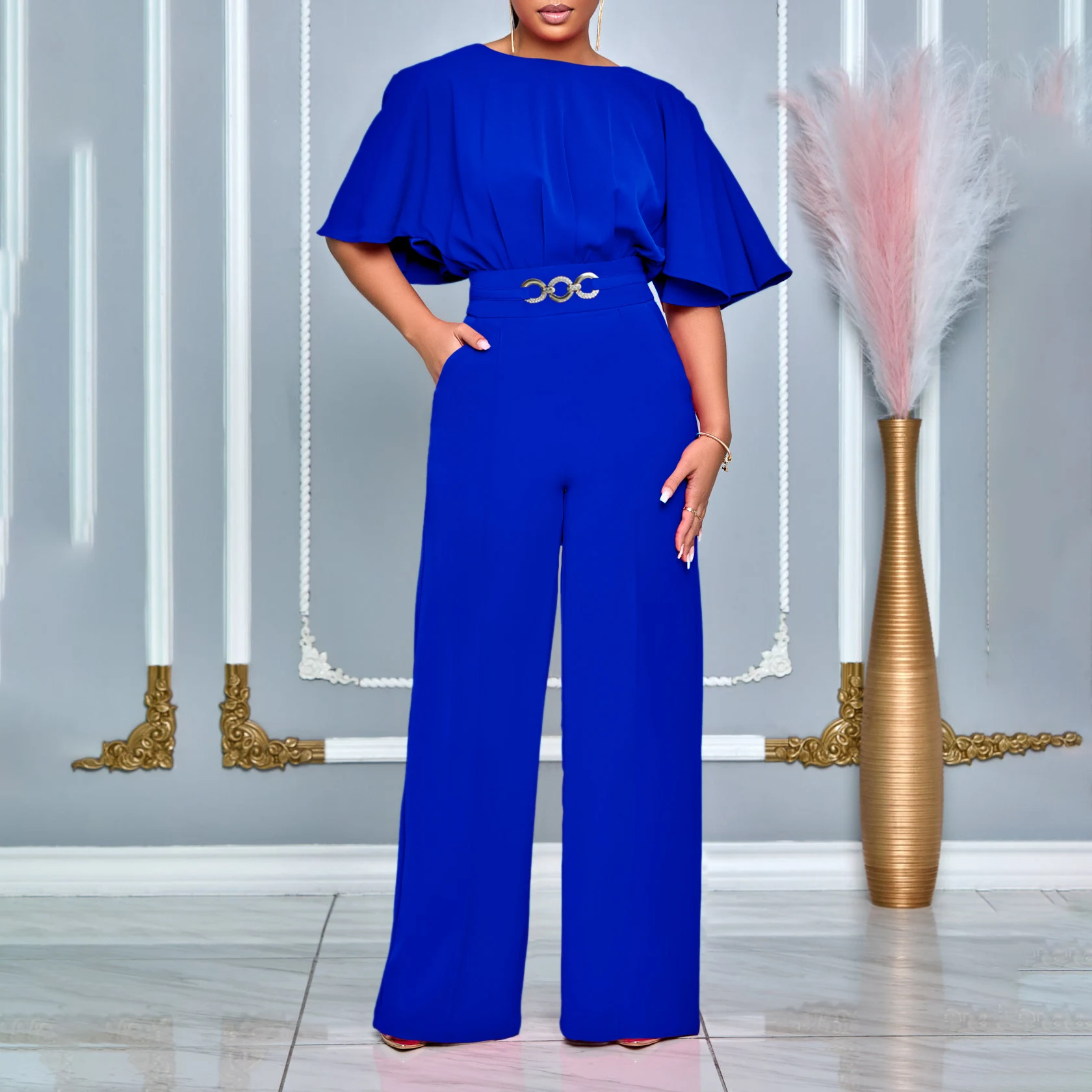 Fashion Round Neck Solid Color High Waist Plus Size African Wide Leg Jumpsuit — photo 10