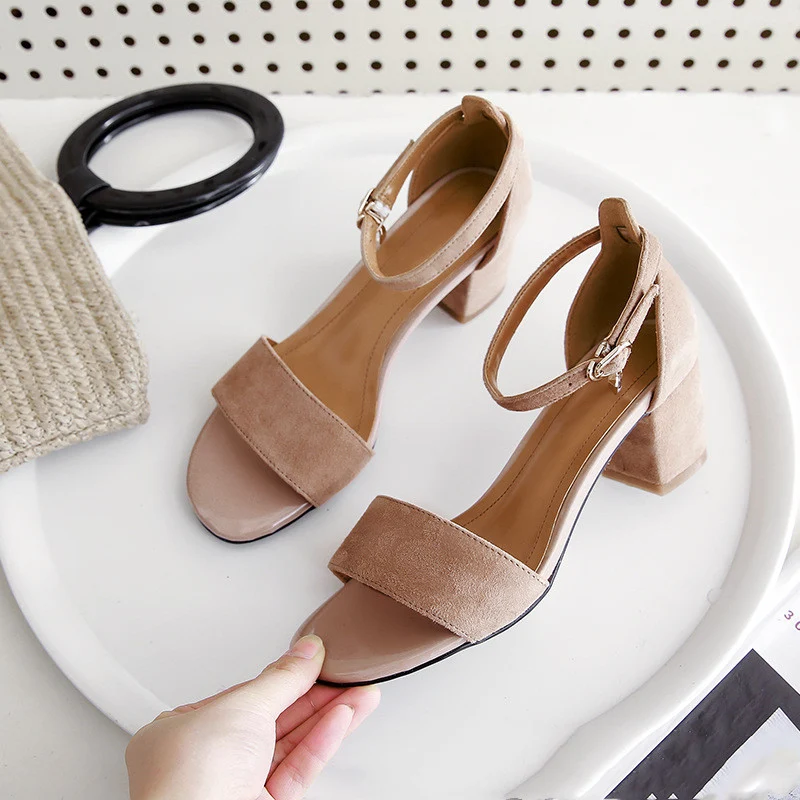 Title 6, Open-toe womens shoes with a thick leather hee...