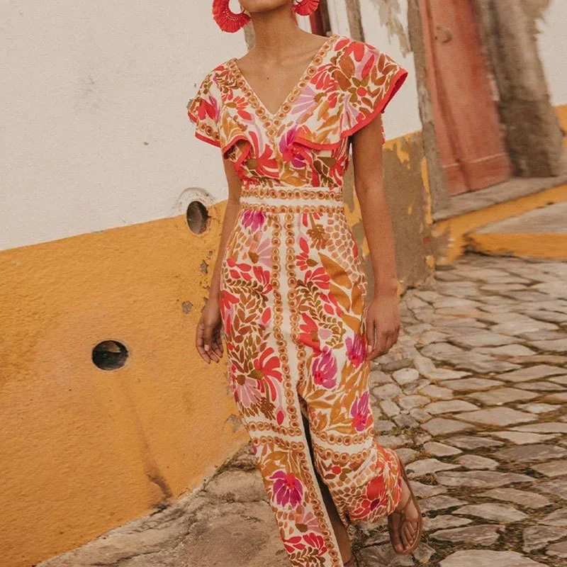 Title 5, Womens Retro Printed V-neck High Waist Slim Dress