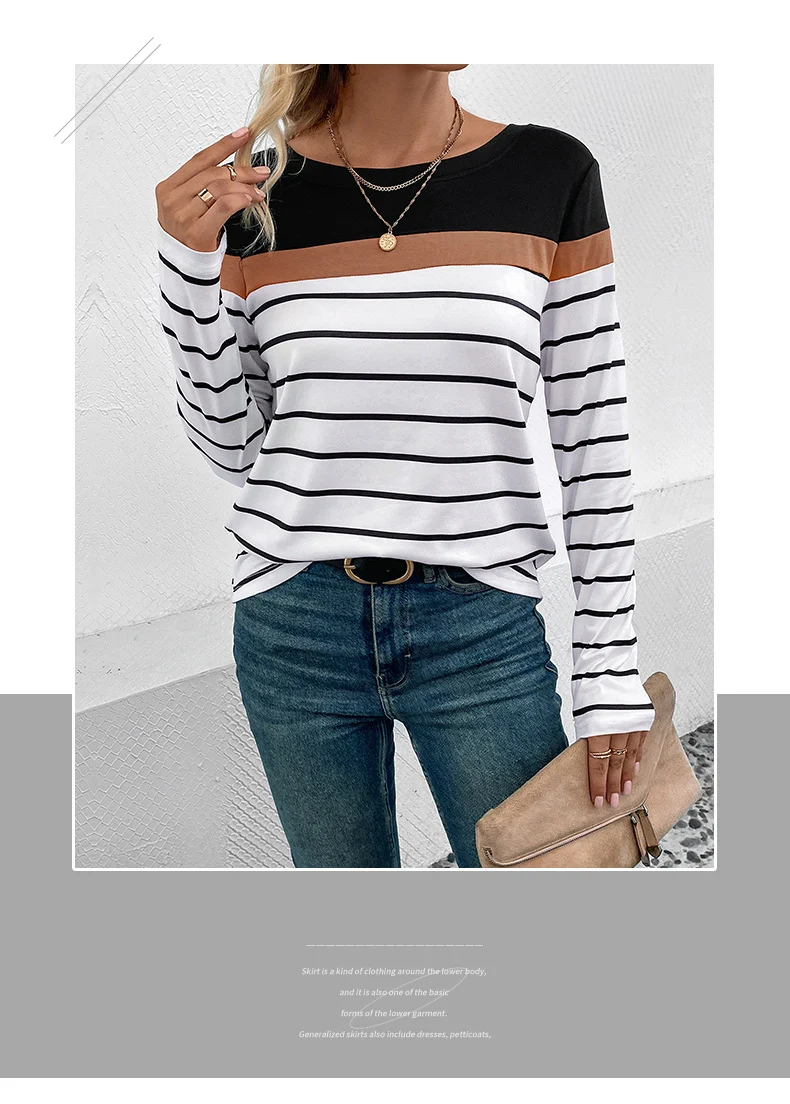 Maglia Leisure con Patchwork, Girocollo, Maniche Lunghe a Righe. Perfetta per un look casual e confortevole, ideale per tutti i giorni. — foto 4
