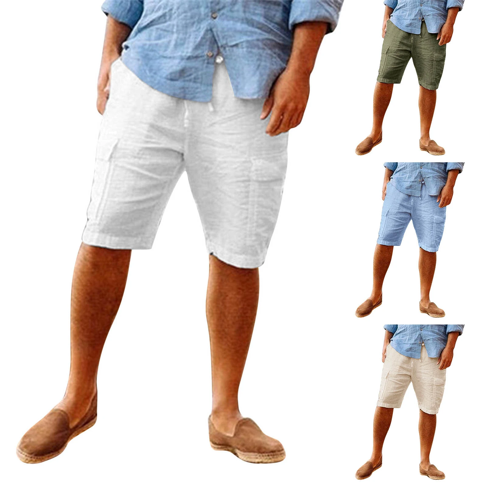 Men's Casual Vacation Beach Hawaiian Cotton Linen Multi-pocket Workwear Shorts. Perfect for summer, travel, and everyday — photo 1