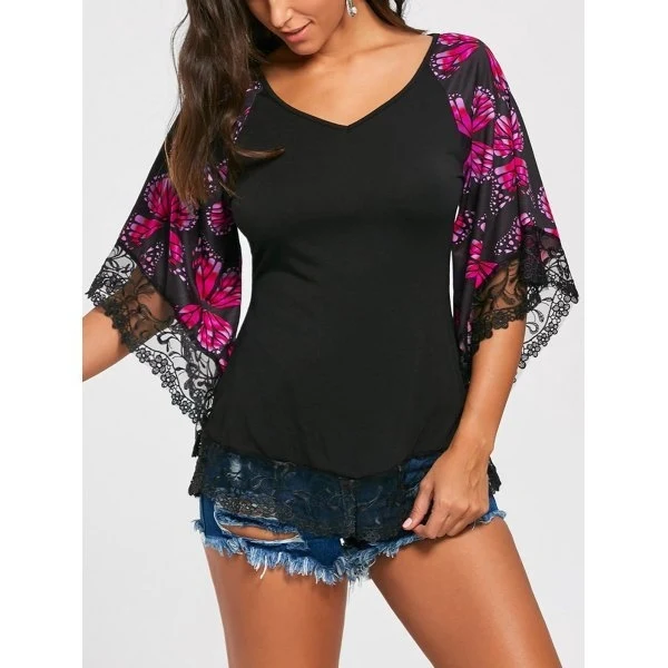 Title 1, New Printed Short Sleeve Lace Panel V-Neck T-Shirt