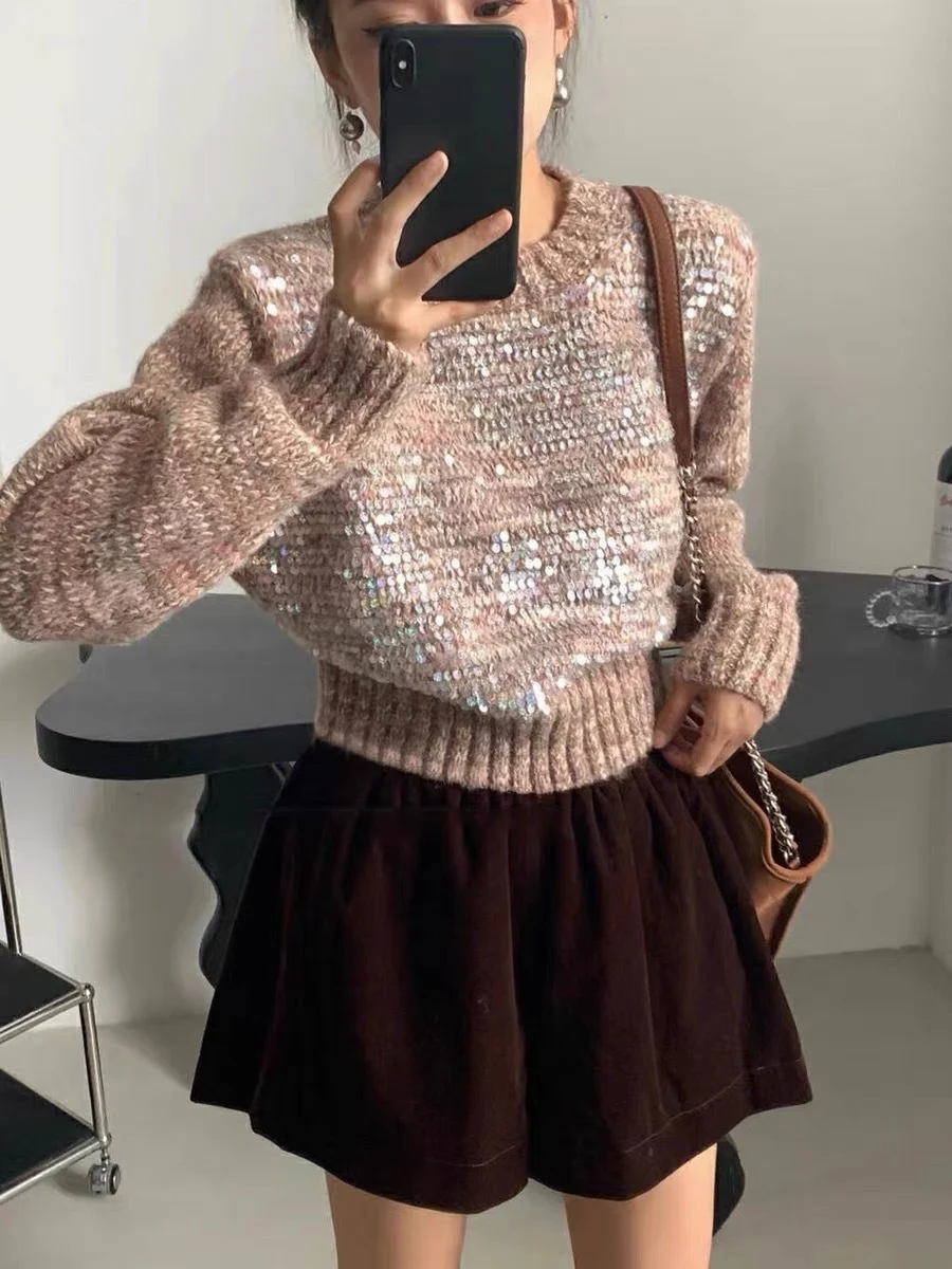 Title 10, Maglione corto coreano con paillettes e scollo ...