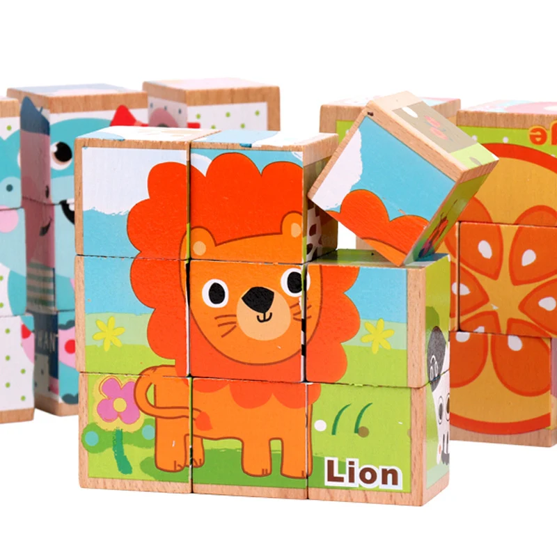 Quebra-cabeça 3D de madeira de seis faces com fotos. Brinquedo educativo infantil para bebês e crianças. Desenvolve habilidades desde cedo. — foto 2