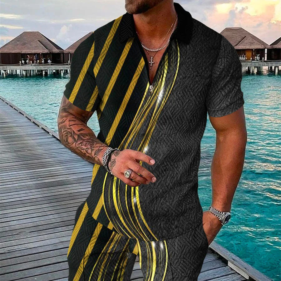 Men's Summer Fashion 3D Printed Short Sleeve Geometric Zip Lapel Shirt Set. Stay cool and stylish with this breathable a — photo 1