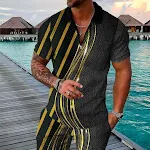 Men's Summer Fashion 3D Printed Short Sleeve Geometric Zip Lapel Shirt Set. Stay cool and stylish with this breathable a — photo 1